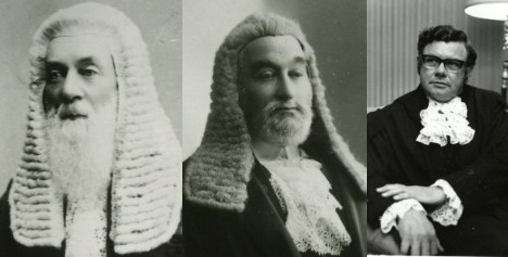 Three former Speakers wearing variations of wigs and frilled collars